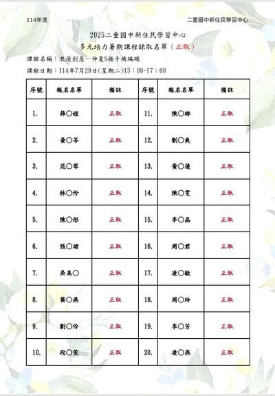 【新住民學習中心】0729＿浪漫創意＿仲夏S捲 手機編繩＿錄取名單公告圖片